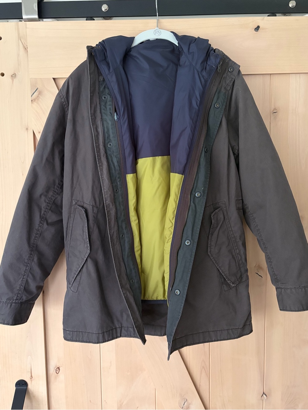 Gap Kid’s Hooded Parka Jacket. Navy & Olive/Tan Lining. Winter, Autumn, Preppy